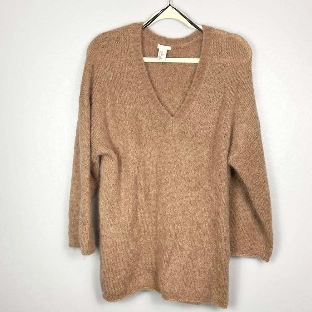 H&M Women's V-Neck Oversized Wool Blend Sweater in Camel